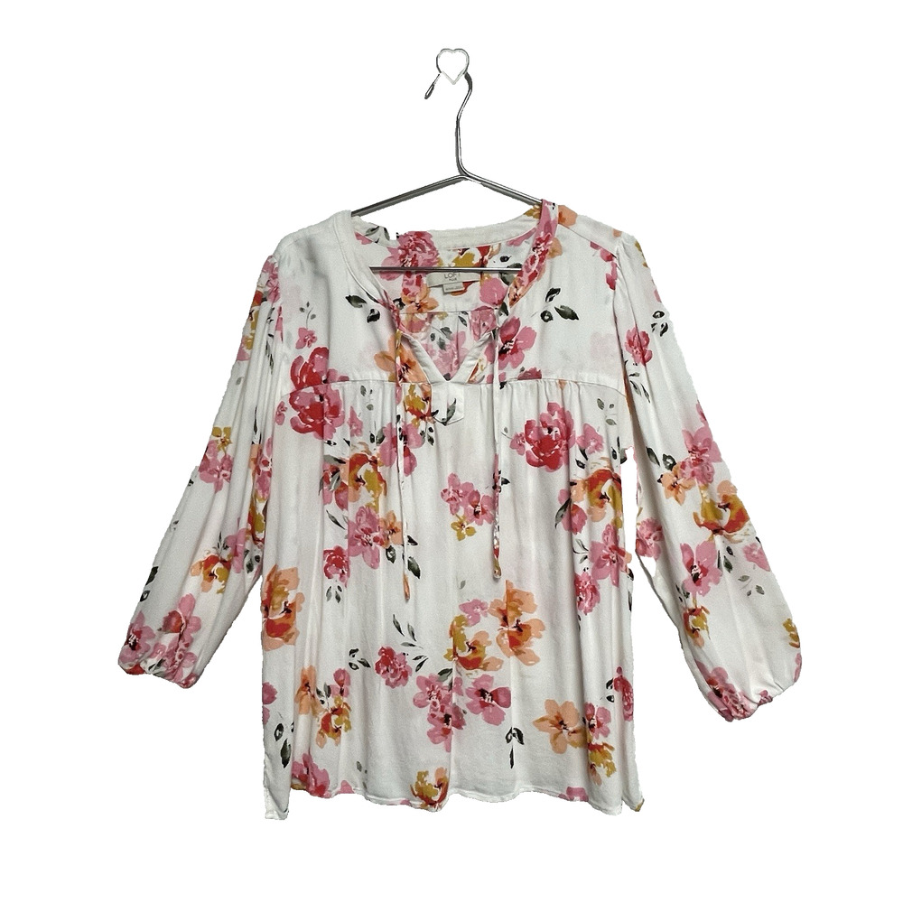 Loft Plus Women’s White Pink Yellow Floral Blouse 3/4 Sleeve - Size 18